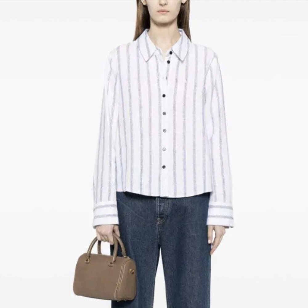 Reformation Sky Stripe-Print 100% Linen Shirt Button Down Blue White Size Small